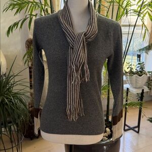 Lauren Hansen Gray Cashenere V-Neck Sweater with Attached Striped Scarf